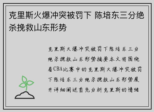 克里斯火爆冲突被罚下 陈培东三分绝杀挽救山东形势